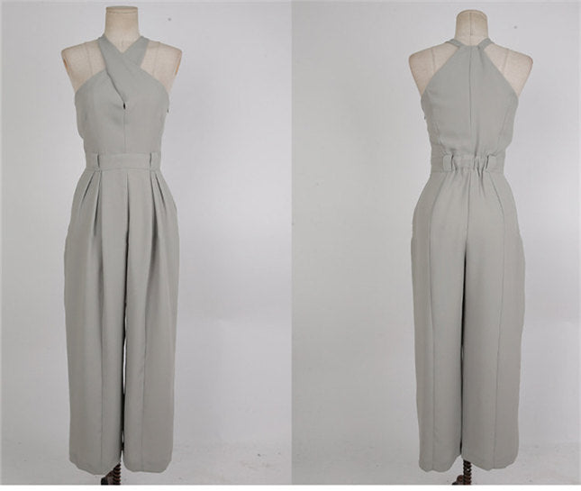 CM-JF082816 Women Casual Seoul Style High Waist Halter Wide-Leg Long Jumpsuit