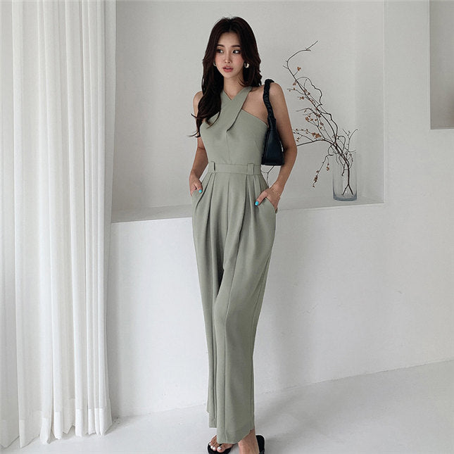 CM-JF082816 Women Casual Seoul Style High Waist Halter Wide-Leg Long Jumpsuit