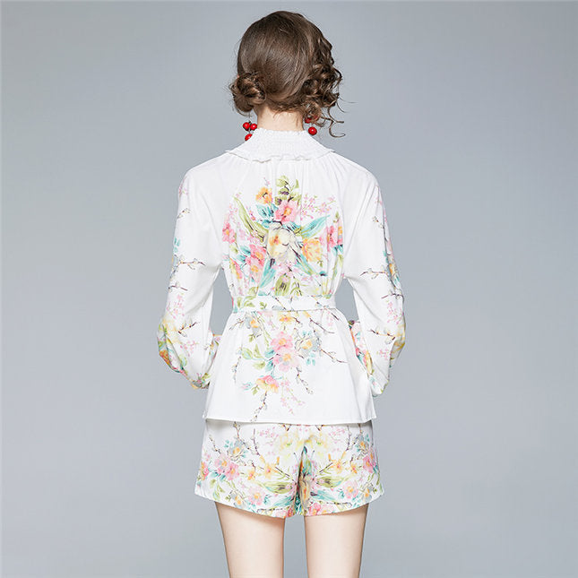 CM-SF090119 Women Preppy European Style Puff Sleeve Tie Waist Floral Short Suits - Set