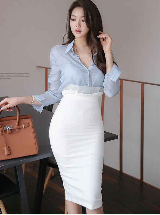 CM-SF090203 Women Casual Seoul Style Flouncing High Waist Shirt Collar Dress Set