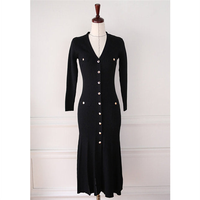 CM-DF090206 Women Casual Seoul Style Single-Breasted Knitting Fishtail Dress - Black