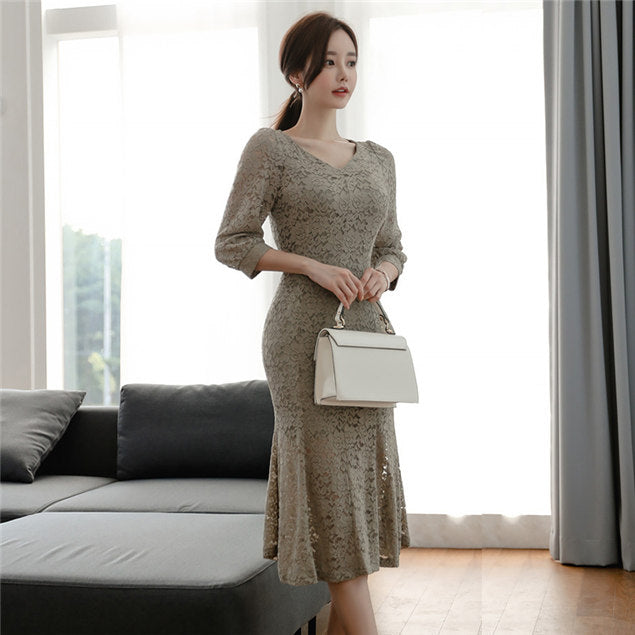 CM-DF090213 Women Elegant Seoul Style Round Neck Fishtail Bodycon Lace Dress