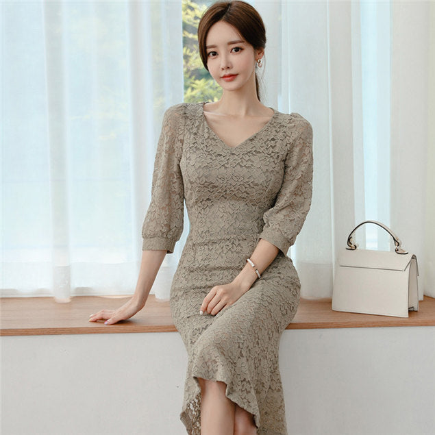 CM-DF090213 Women Elegant Seoul Style Round Neck Fishtail Bodycon Lace Dress