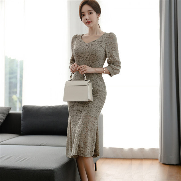 CM-DF090213 Women Elegant Seoul Style Round Neck Fishtail Bodycon Lace Dress