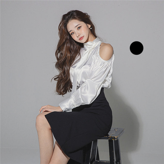 CM-SF090219 Women Elegant Seoul Style Off Shoulder Tie Collar Blouse With Split Midi Skirt - Set