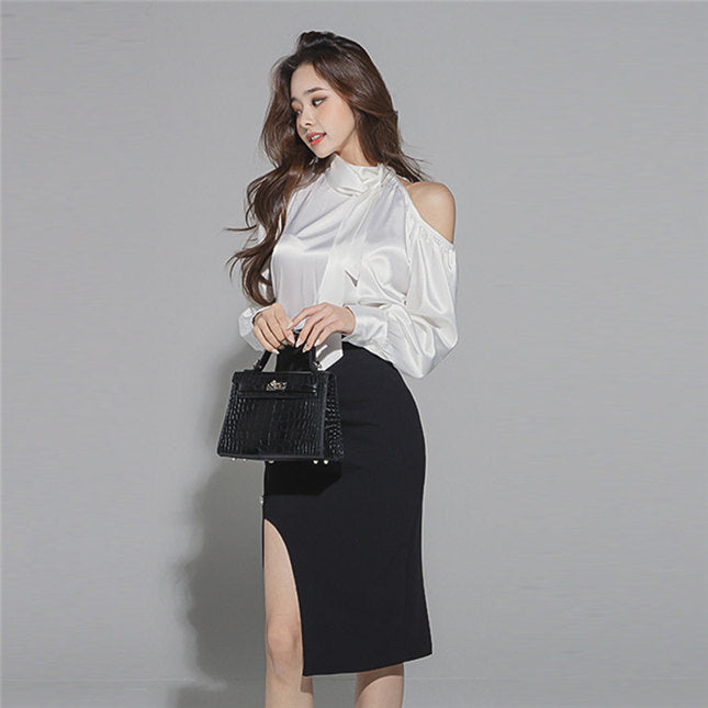 CM-SF090219 Women Elegant Seoul Style Off Shoulder Tie Collar Blouse With Split Midi Skirt - Set