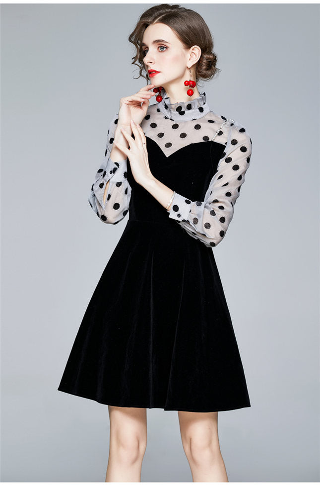 CM-DF090310 Women European Style Dots Long Sleeve Splicing Velvet A-Line Dress - Black