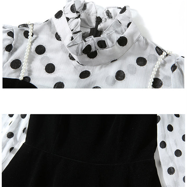 CM-DF090310 Women European Style Dots Long Sleeve Splicing Velvet A-Line Dress - Black