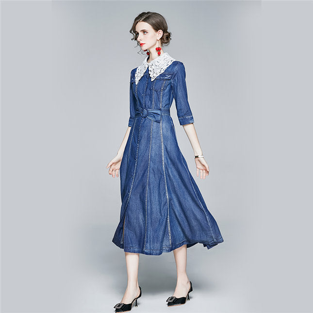 CM-DF090308 Women Casual European Style Lace Doll Collar Denim Long Dress - Blue