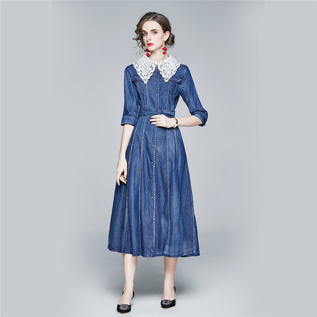 CM-DF090308 Women Casual European Style Lace Doll Collar Denim Long Dress - Blue