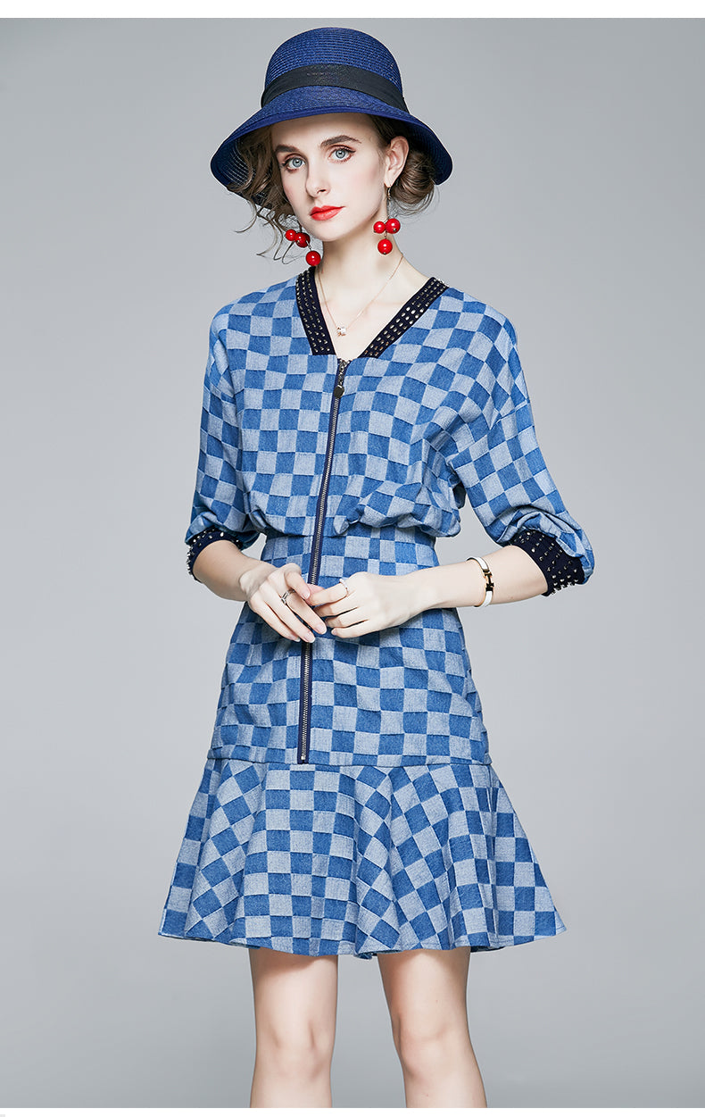 CM-DF090310 Women Casual European Style Zipper V-Neck Plaids Fishtail Denim Dress - Blue