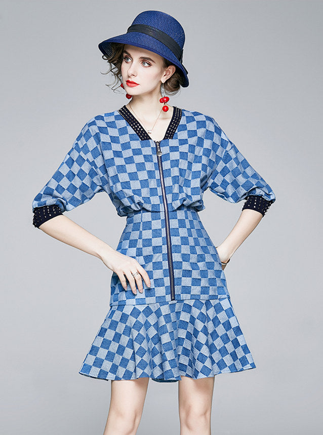 CM-DF090310 Women Casual European Style Zipper V-Neck Plaids Fishtail Denim Dress - Blue