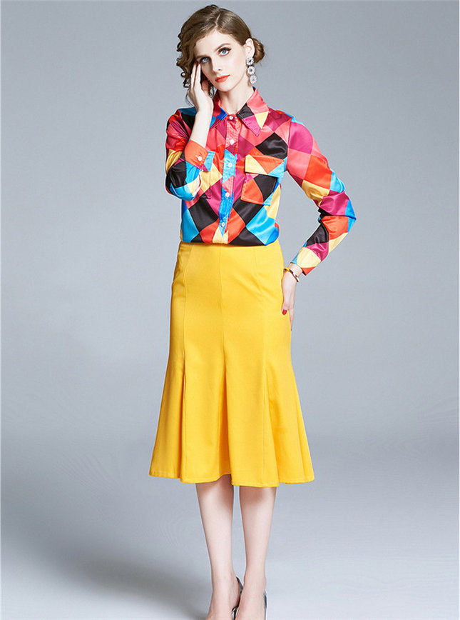 CM-SF090618 Women Elegant European Style Color Block Plaids Blouse With Fishtail Skirt - Set
