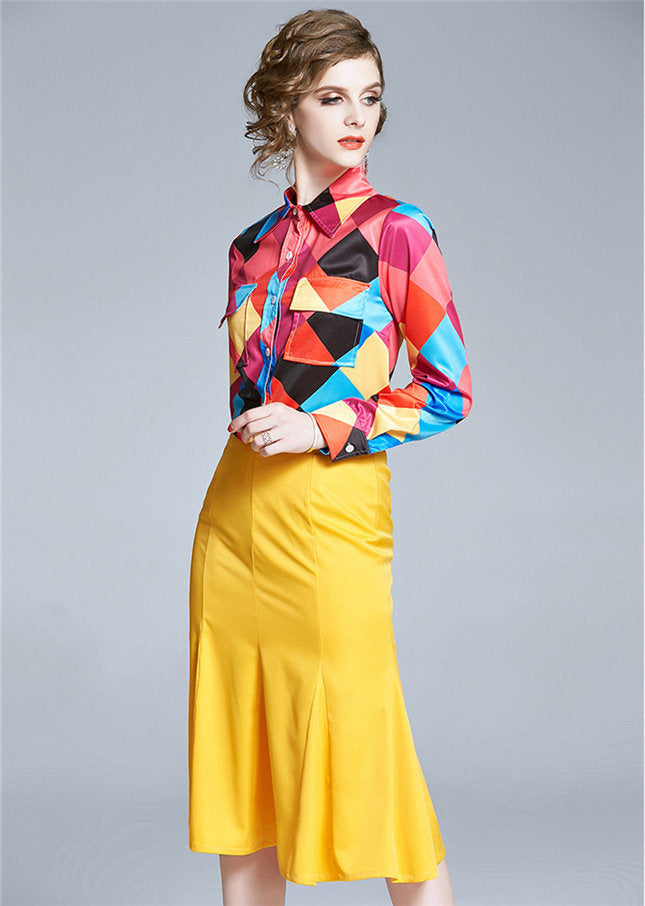 CM-SF090618 Women Elegant European Style Color Block Plaids Blouse With Fishtail Skirt - Set