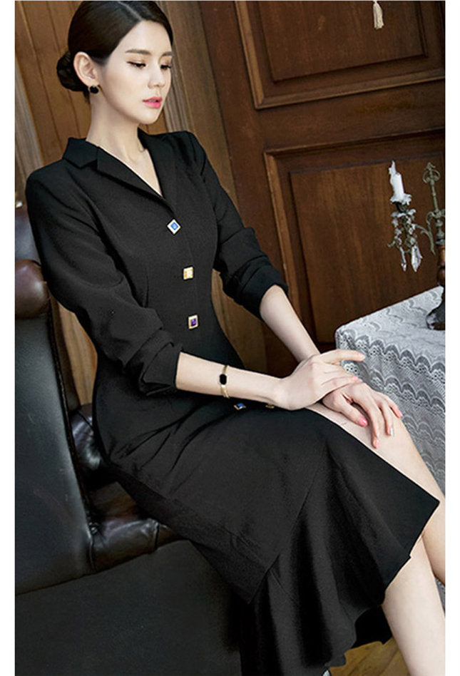 CM-DF090708 Women Elegant Seoul Style Single-Breasted V-Neck Fishtail Slim Dress - Black