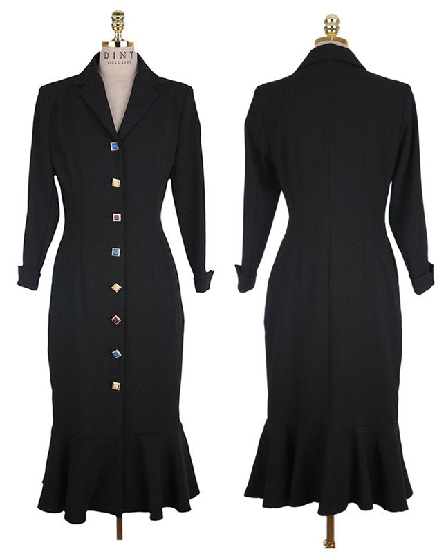 CM-DF090708 Women Elegant Seoul Style Single-Breasted V-Neck Fishtail Slim Dress - Black