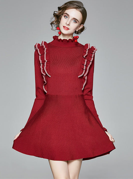 CM-DF090804 Women Preppy Seoul Style Stand Collar Flouncing Knitting Dress - Wine Red