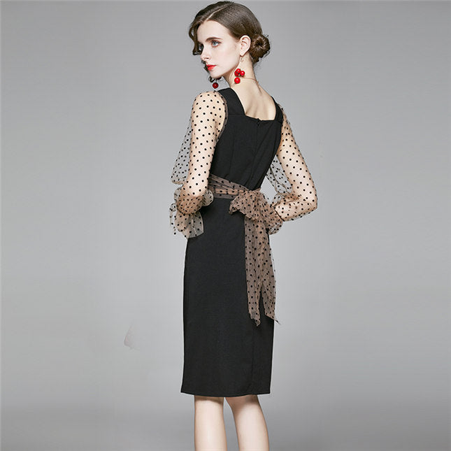 CM-DF090815 Women Retro European Style Gauze Dots Sleeve Tie Waist Slim Dress