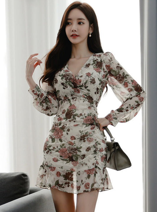 CM-DF090909 Women Casual Seoul Style V-Neck Floral Chiffon Long Sleeve Dress