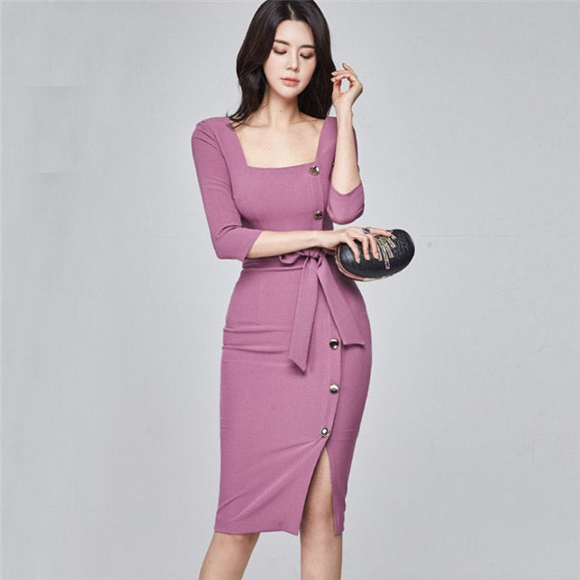CM-DF090914 Women Elegant Seoul Style Square Collar Bowknot Single-Breasted Dress