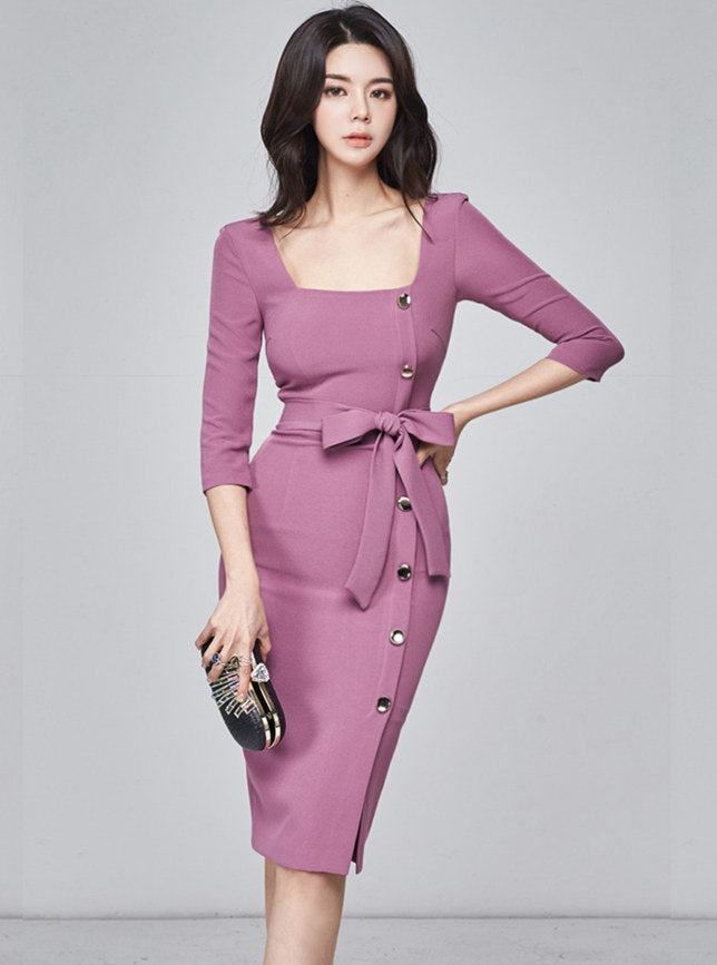 CM-DF090914 Women Elegant Seoul Style Square Collar Bowknot Single-Breasted Dress