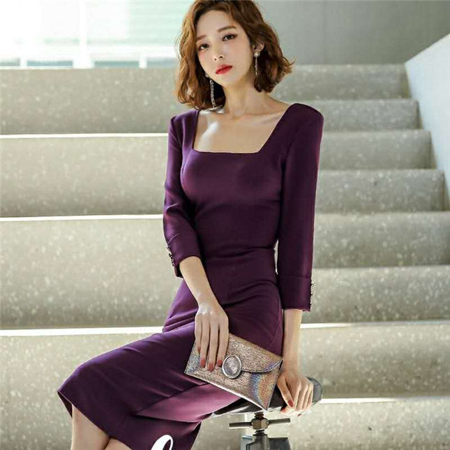 CM-DF090915 Women Elegant Seoul Style Square Collar Bodycon Long Sleeve Dress - Purple