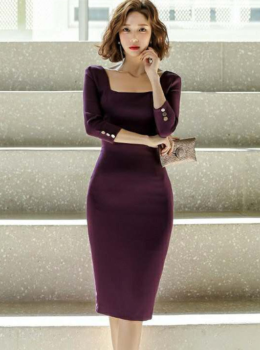 CM-DF090915 Women Elegant Seoul Style Square Collar Bodycon Long Sleeve Dress - Purple