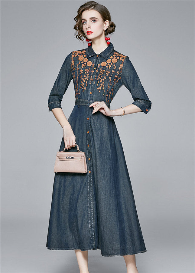 CM-DF091002 Women Casual European Style Floral Embroidery Denim Shirt Long Dress - Blue