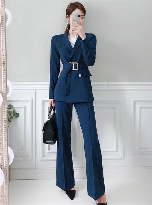 CM-SF091101 Women Elegant Seoul Style Tailored Collar Belt Waist Slim Long Suits - Set