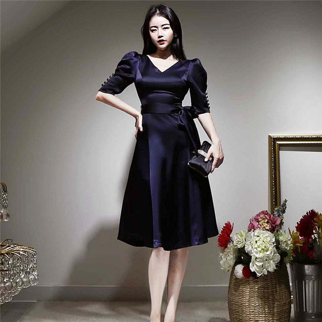 CM-DF091103 Women Elegant Seoul Style V-Neck Tie Waist Mid-Sleeve A-Line Dress - Dark Blue