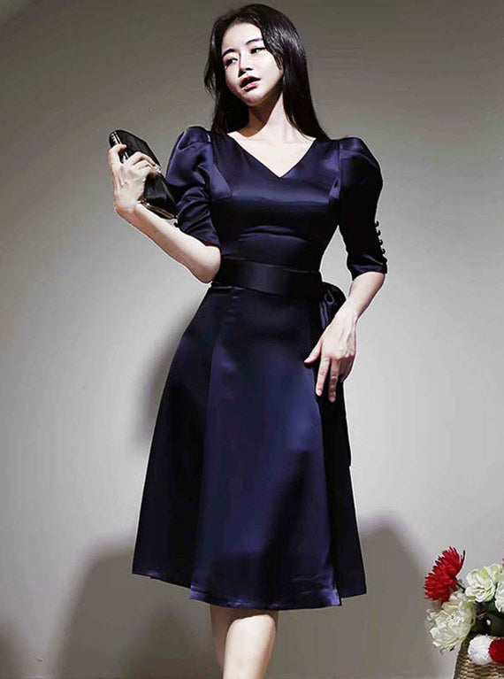 CM-DF091103 Women Elegant Seoul Style V-Neck Tie Waist Mid-Sleeve A-Line Dress - Dark Blue
