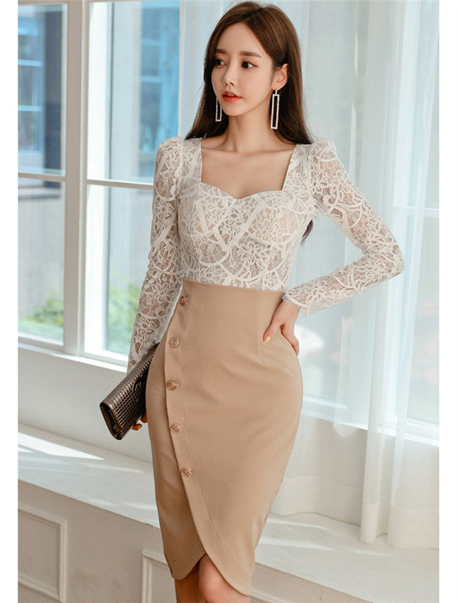 CM-SF091106 Women Casual Seoul Style Lace Blouse With Single-Breasted Skirt - Set (Available in 2 colors)