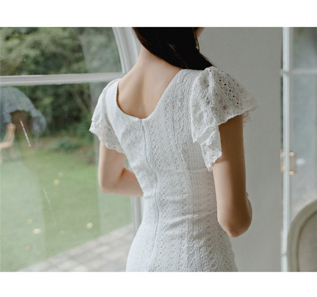 CM-DF091110 Women Elegant Seoul Style V-Neck Fitted Waist Split Lace Slim Dress