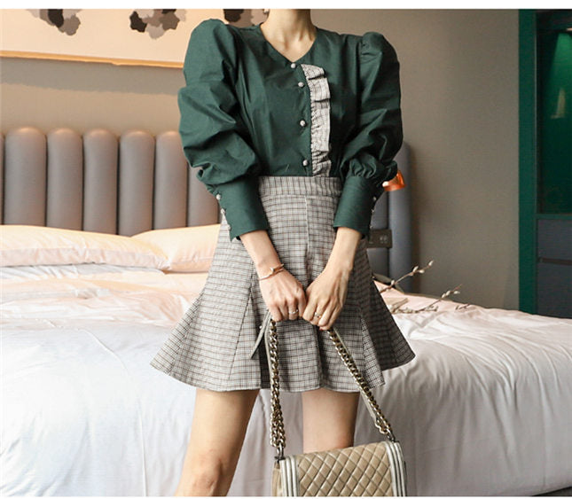 CM-SF091409 Women Retro Seoul Style Flouncing Puff Sleeve Blouse With Plaids Skirt - Set