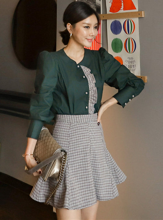 CM-SF091409 Women Retro Seoul Style Flouncing Puff Sleeve Blouse With Plaids Skirt - Set