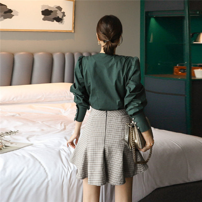 CM-SF091409 Women Retro Seoul Style Flouncing Puff Sleeve Blouse With Plaids Skirt - Set