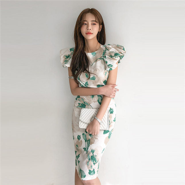 CM-DF091415 Women Casual Seoul Style Flouncing Shoulder Floral Slim Tank Dress - Green