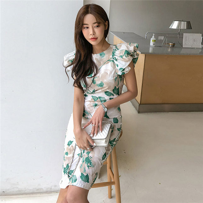CM-DF091415 Women Casual Seoul Style Flouncing Shoulder Floral Slim Tank Dress - Green