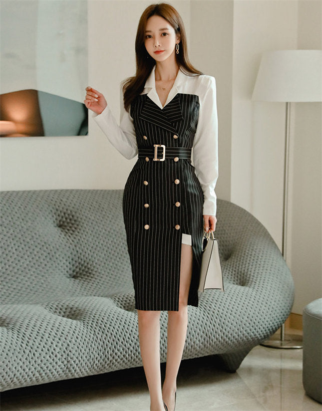 CM-DF091416 Women Casual Seoul Style Long Sleeve Double-Breasted Stripes Shirt Dress
