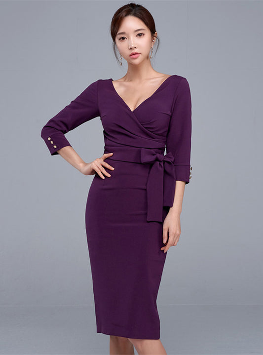 CM-DF091612 Women Casual Seoul Style 3/4 Sleeve V-Neck Tie Waist Bodycon Dress - Purple