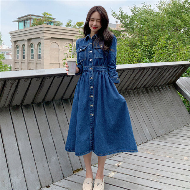 CM-DF091614 Women Casual Seoul Style Single-Breasted Denim Shirt Long Dress - Blue