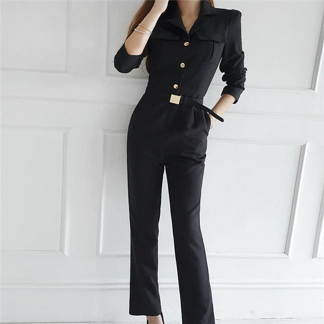 CM-JF091615 Women Elegant Seoul Style Single-Breasted V-Neck Slim Long Jumpsuit (Available in 2 colors)