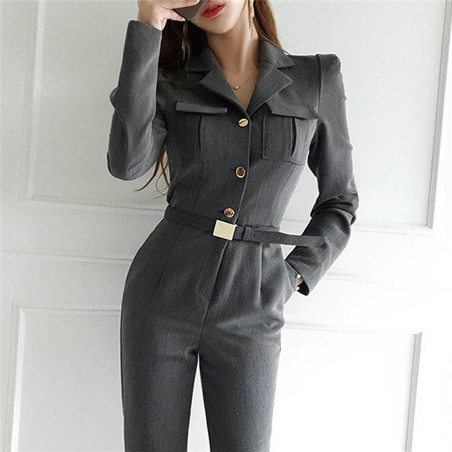 CM-JF091615 Women Elegant Seoul Style Single-Breasted V-Neck Slim Long Jumpsuit (Available in 2 colors)