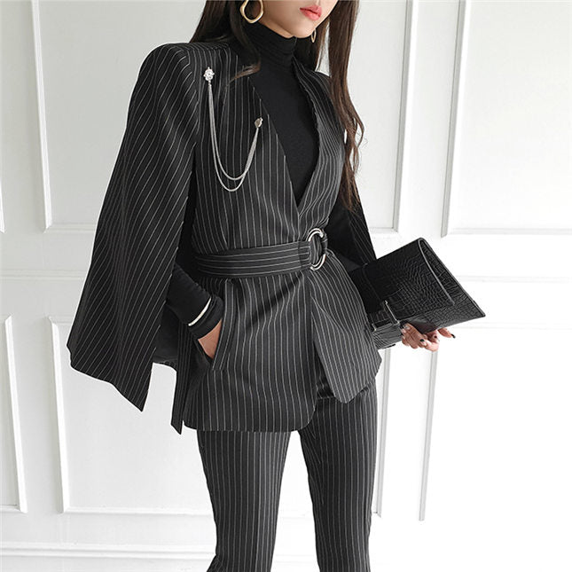 CM-SF091617 Women Elegant Seoul Style Stripes Wraps Coat with Slim Long Pants - Set