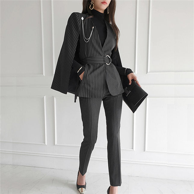 CM-SF091617 Women Elegant Seoul Style Stripes Wraps Coat with Slim Long Pants - Set