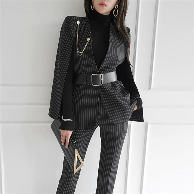 CM-SF091617 Women Elegant Seoul Style Stripes Wraps Coat with Slim Long Pants - Set