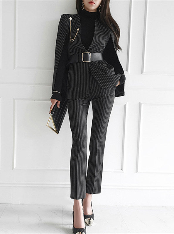 CM-SF091617 Women Elegant Seoul Style Stripes Wraps Coat with Slim Long Pants - Set