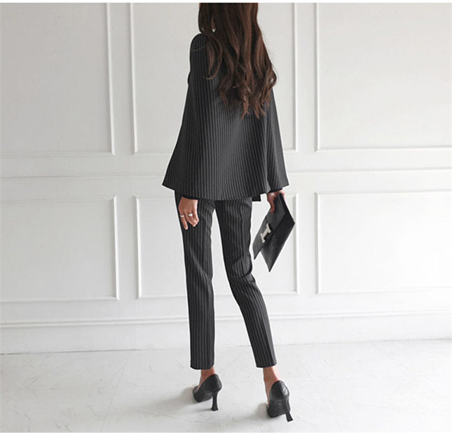 CM-SF091617 Women Elegant Seoul Style Stripes Wraps Coat with Slim Long Pants - Set