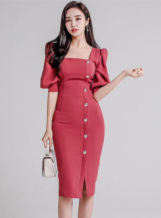 CM-DF091619 Women Charming Seoul Style Single-Breasted Puff Sleeve Slim Dress - Wine Red