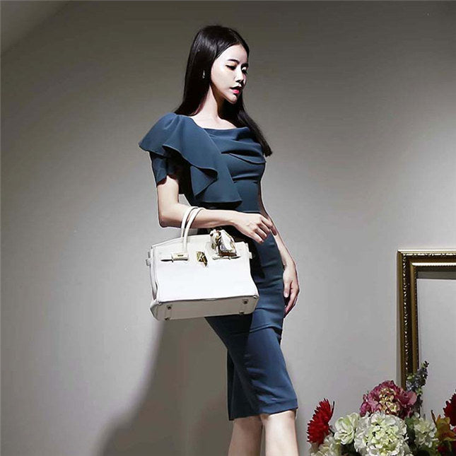 CM-DF091801 Women Elegant Seoul Style Flouncing Boat Neck Bodycon Dress - Blue